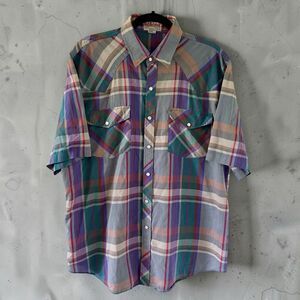Vintage Saddlebrook Shirt Mens XL Plaid Western Pearl Snap Short Sleeve Rancher